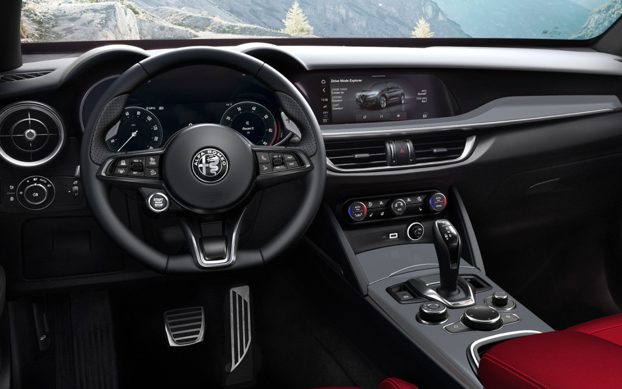 view of the interior and dashboard of an Alfa Romeo Stelvio 2024